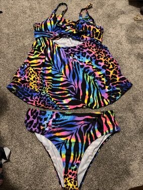 Women’s One-Piece Swim Dress in Bright Rainbow Animal Print